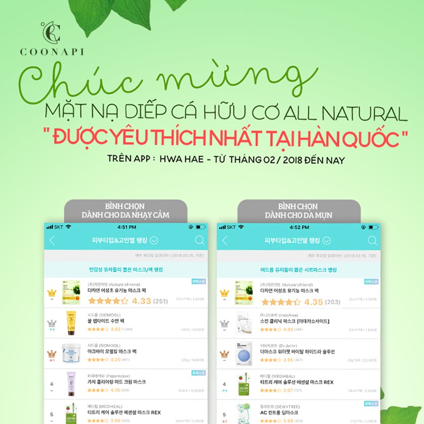 Mặt Nạ Diếp Cá Hữu Cơ Cho Da Dầu Mụn, Nhạy Cảm All Natural