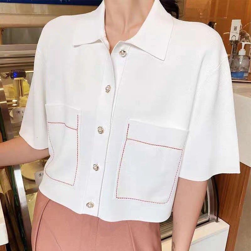 Fashion white age reducing short sleeve T-shirt women's knitwear simple loose casual thin Lapel top thin cardigan jacket