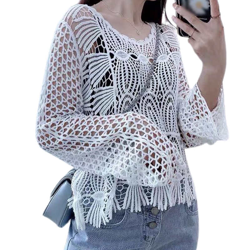 Áo Croptop Dệt Kim Phối Ren Hoa Tay Dài Ống Loe Che Phủ Lỗ Thời Trang Mùa Hè Cho Nữ