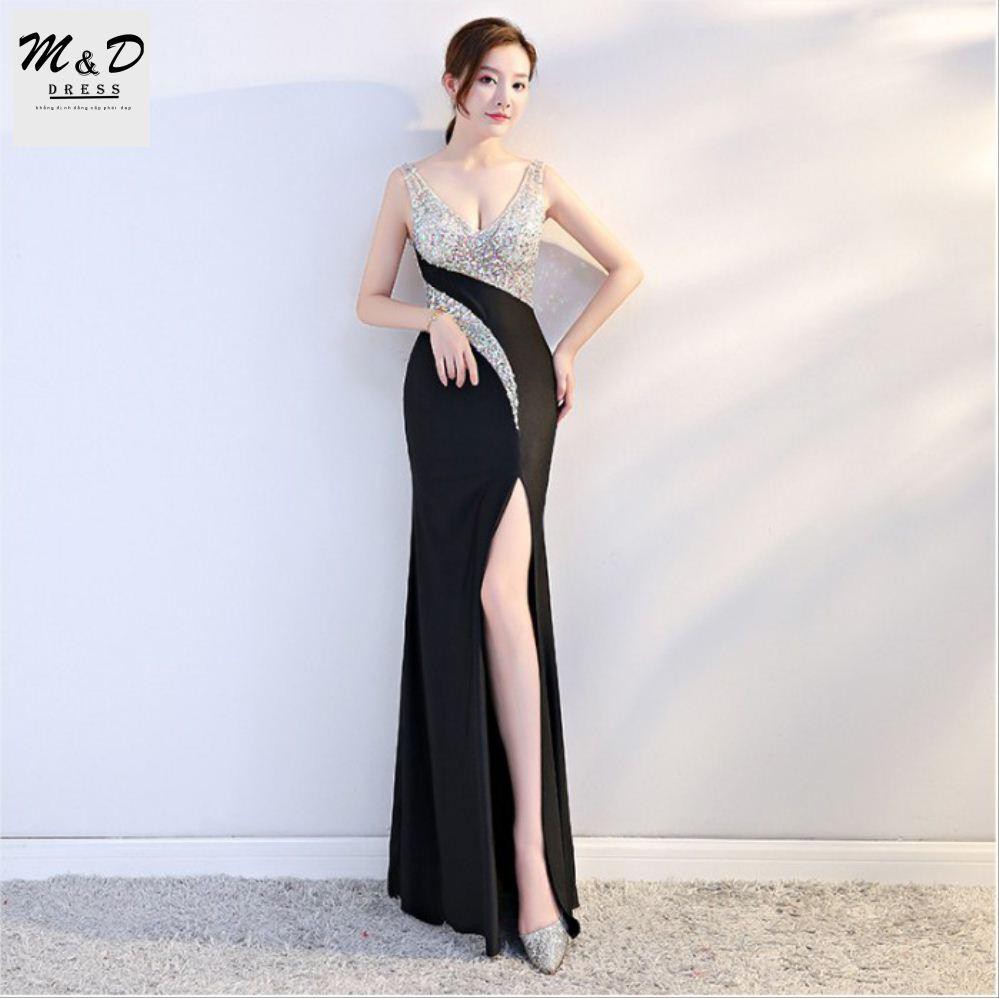 HÀNG CAO CẤP - Đầm dạ hội ôm body xẻ tà sexy, dự tiệc, sang trọng, thời trang và quyến rũ (đỏ bạc, đen bạc)- OSLP-12