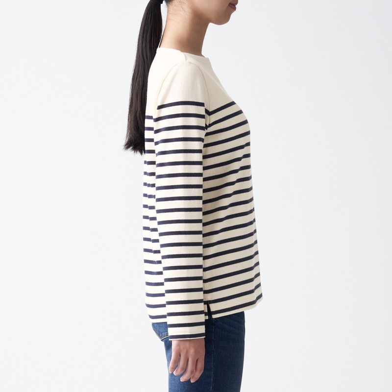 Muji Áo Thun Vải Jersey Sợi Dày Dài Tay-Sọc