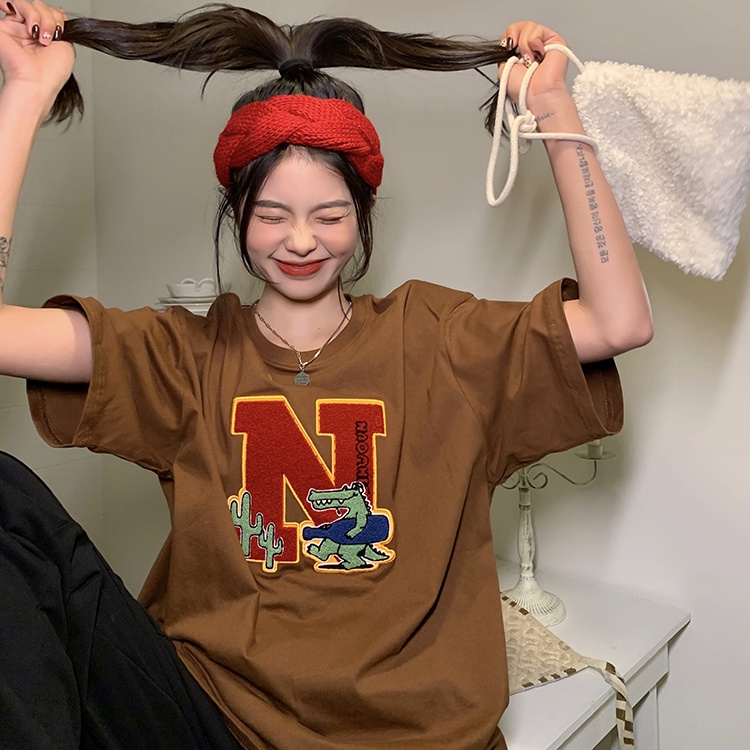 Áo Thun Tay Ngắn Cổ Tròn Thêu Họa Tiết Thời Trang Hàn Quốc Cho Nữ