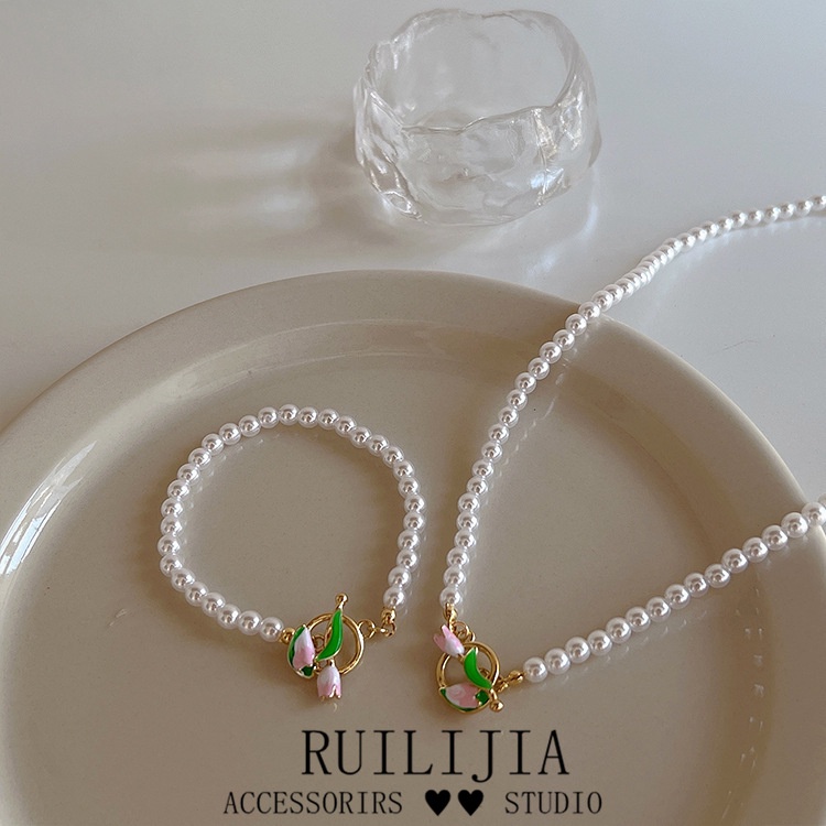 Vòng cổ Mặt Hoa Tulip Đính Ngọc Trai Thời Trang Cho Nữ