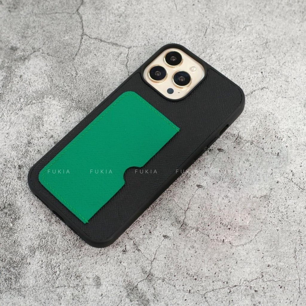 Ốp da thủ công viền đen khe thẻ ngang mix màu Epsom cho IPhone 14/14Plus/14Pro/14Promax/13/13Pro/13Promax/12prm ODTC141