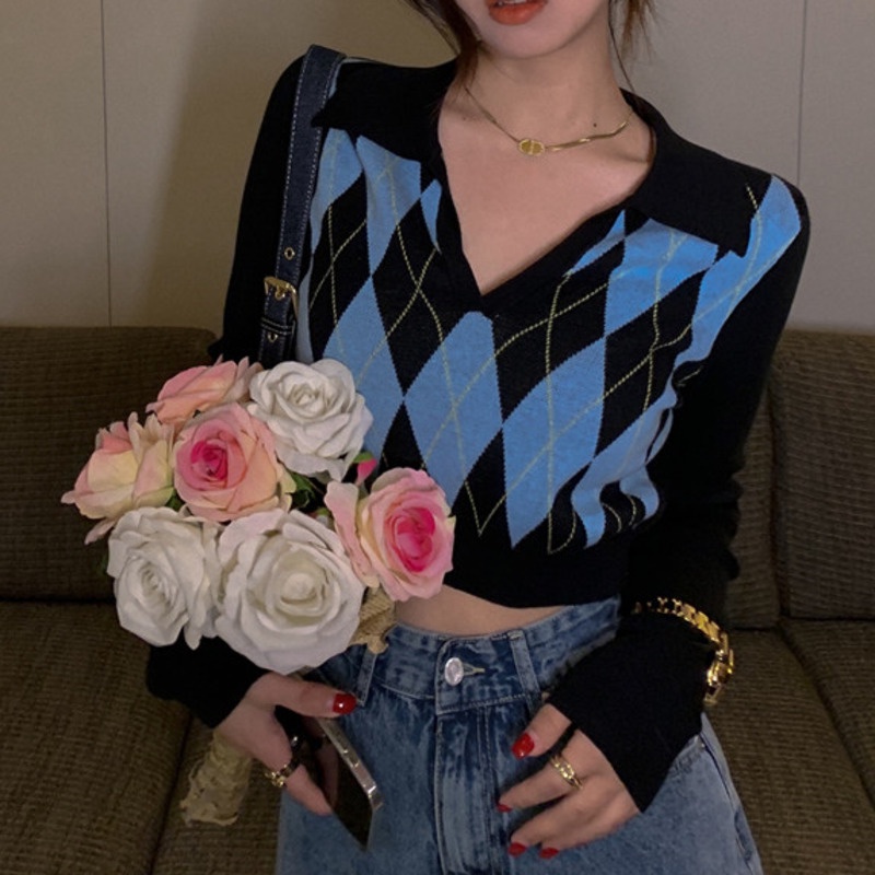 Áo sweater dệt kim dáng ngắn phong cách retro thời trang