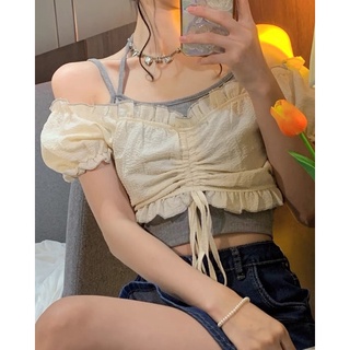 Set áo trễ vai croptop dây rút + áo hai dây