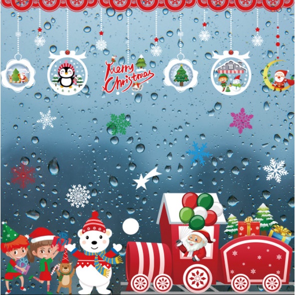 Decal dán tường Noel Hít Tĩnh Điện không Dơ Kính - Đoàn tàu đỏ phối rèm cánh cụt