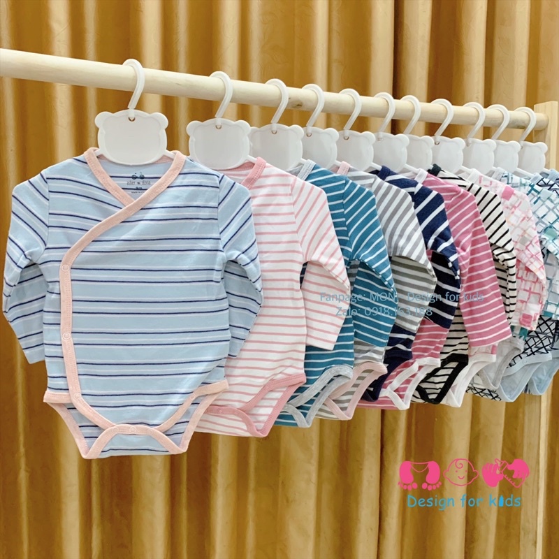 (Link 2) Bodysuit cho bé, body chip dài tay VẠT CHÉO cài cúc vải Organic cotton hàng xuất dư Asher O.livia
