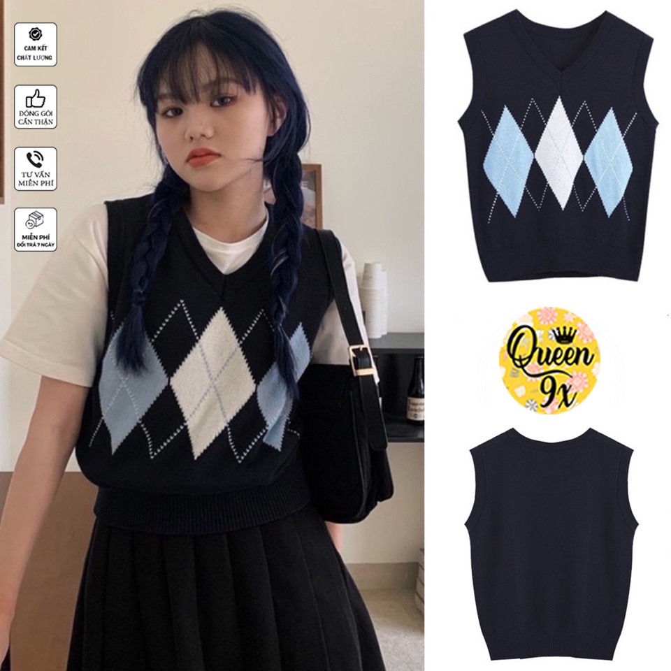 Áo Gile, áo Croptop Nữ Kẻ Sọc Hình Thoi Form Rộng Phong Cách Hàn Quốc