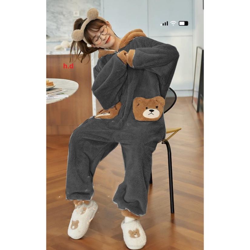 Bộ jumpsuit mũ gấu tí gấu dáng liền thân chất lông cừu ấm áp giữ nhiệt tốt kèm ảnh thật