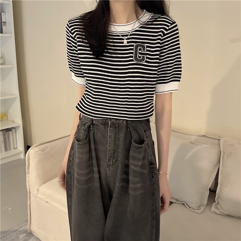 Áo Thun Dệt Kim Ngắn Tay Họa Tiết Kẻ Sọc Màu Sắc Tương Phản