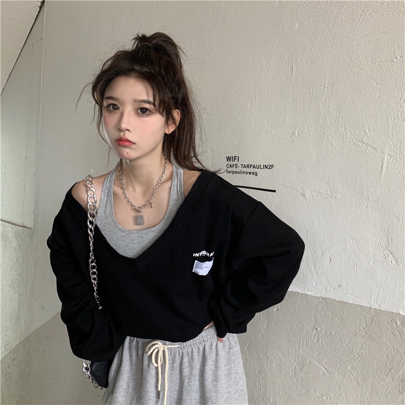 COZOK Áo sweater tay dài dáng rộng giả hai lớp thời trang Hàn Quốc