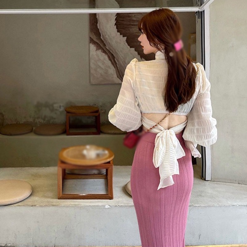 Áo Sơ Mi Tay Dài Phối Nơ Hở Lưng Phong Cách Hàn Quốc Cho Nữ