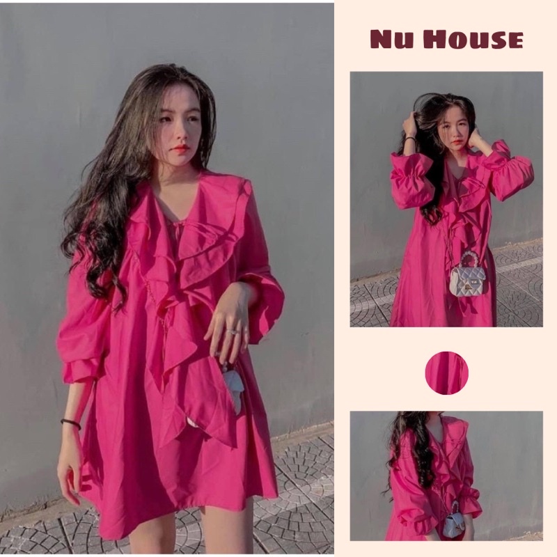 Váy sơ mi babydoll bèo dáng suông tay dài hàng QC loại 1 Nu House
