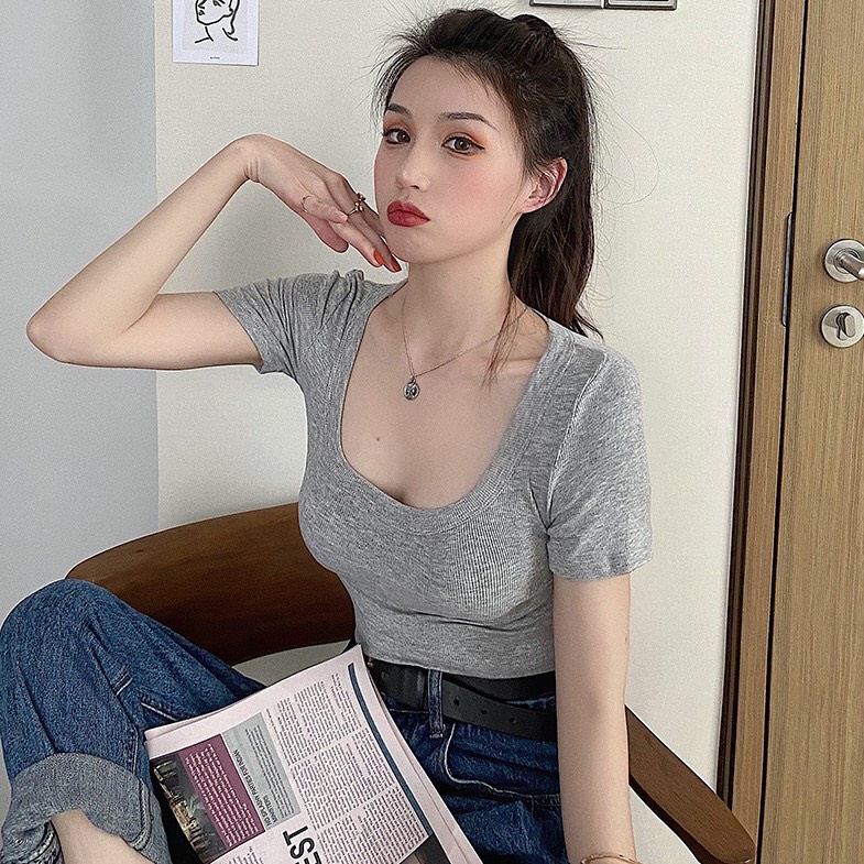 Áo thun body tay ngắn cổ U Áo phông nữ cổ vuông cộc tay form đẹp thun trơn co giãn tốt A215
