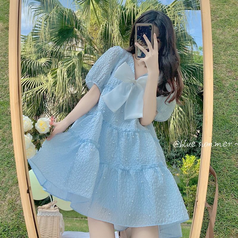 [Order Hàng Loại 1] (K4) Váy đầm Công chúa đính ngọc thắt nơ vải dập nổi dáng xòe màu xanh loại đẹp.