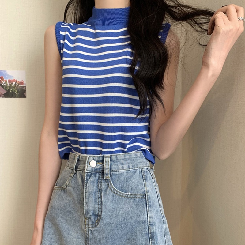 Áo Lửng Hai Dây Dệt Kim Kẻ Sọc Phong Cách Hàn Quốc Cho Nữ