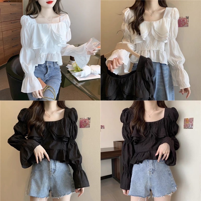 【Hàng Quảng ChâuÁo croptop Zingxu thiết kế bèo tầng bồng bểnh tiểu thư  dáng croptop Quảng Châu Tay Dài