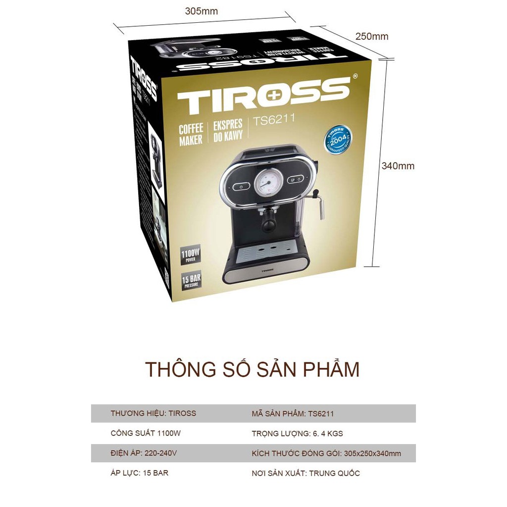 Máy pha cà phê Espresso 15 bar Tiross TS6211 tặng máy xay TS530