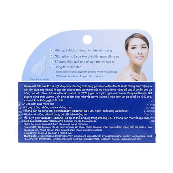 Gel Hiruscar Silicone Pro  – Mờ sẹo lồi, sẹo lõm, sẹo mụn, sẹo to sau chấn thương và phẫu thuật.