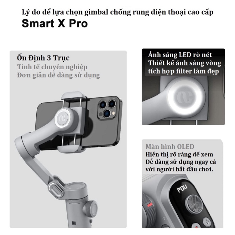Gimbal SMART X PRO, Tặng Chân, Gậy Selfie Chống Rung Cho Điện Thoại - Có Sạc Không Dây - Pin 3200 mAh - Đèn Led Trợ Sáng