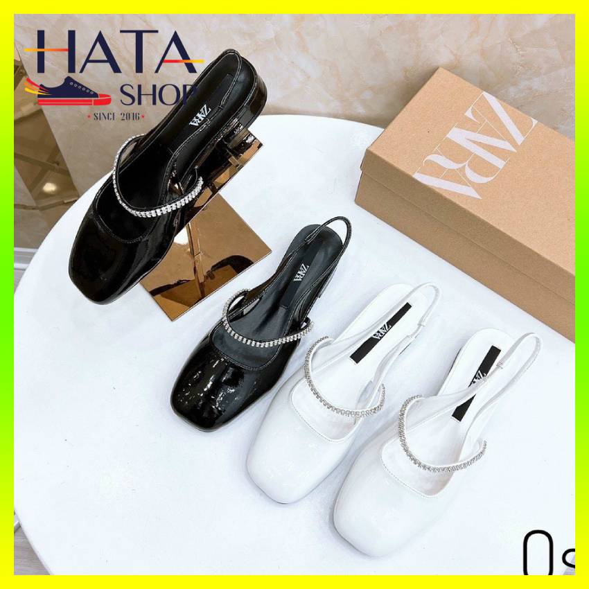 Giày sandal nữ da bóng mũi vuông cao gót đế 5 cm quai đá cực sang chảnh, đẹp HOT