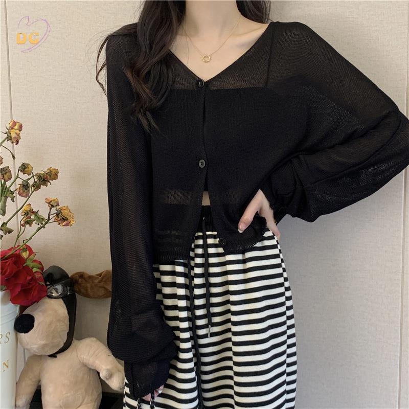Áo Khoác Cardigan Dệt Kim Mỏng Tay Dài Cổ Chữ v Chống Nắng Phong Cách Hàn Quốc Thời Trang Mùa Hè Mới 2022