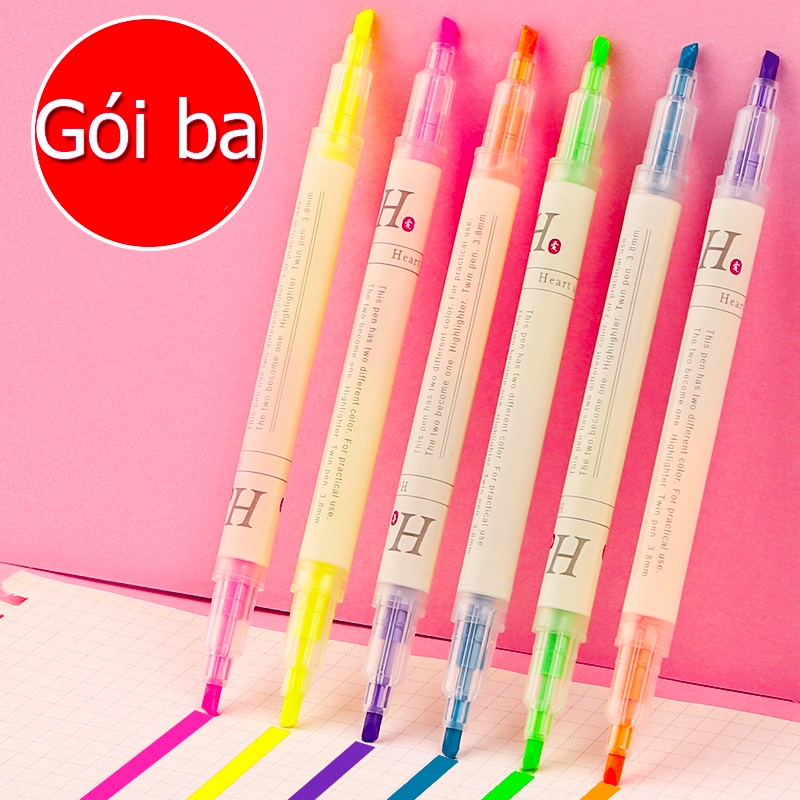 Set 3 Bút Đánh Dấu Hai Đầu Màu Sắc Rõ Ràng Chất Lượng Cao Tiện Dụng, bút dạ quang 2 đầu, bút đánh dấu 2 đầu, highlight