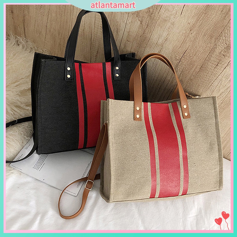 Túi xách canvas cỡ lớn họa tiết sọc thời trang tiện dụng cho nữ