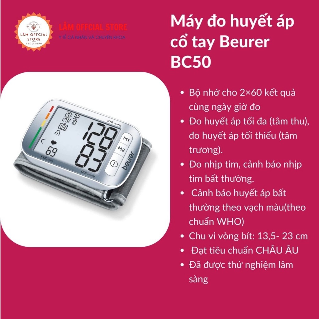 Máy đo huyết áp ,máy đo huyết áp cổ tay BEURER BC50 cảnh báo rối loạn nhịp tim hàng chính hãng bảo hành 36 tháng