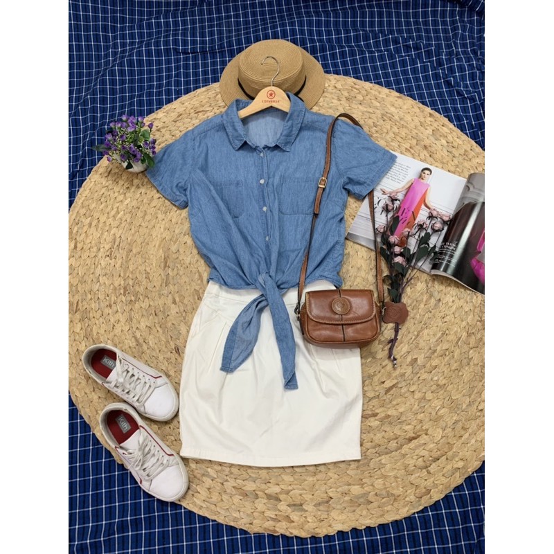 Áo sơmi jean cột nơ lai cá tính của nhà blue
