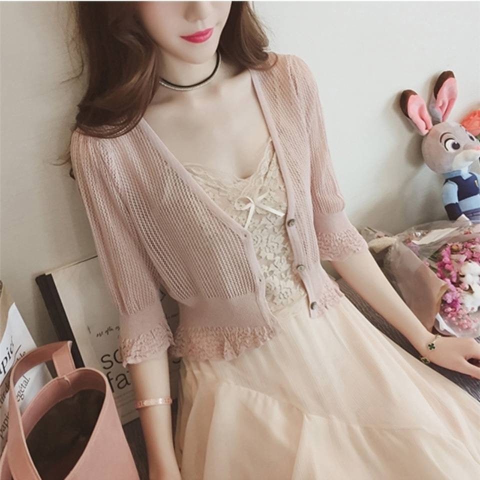 Áo Khoác Sơ Mi Mỏng Vải Lụa Lạnh Phối Ren Thời Trang Mùa Hè Cho Nữ