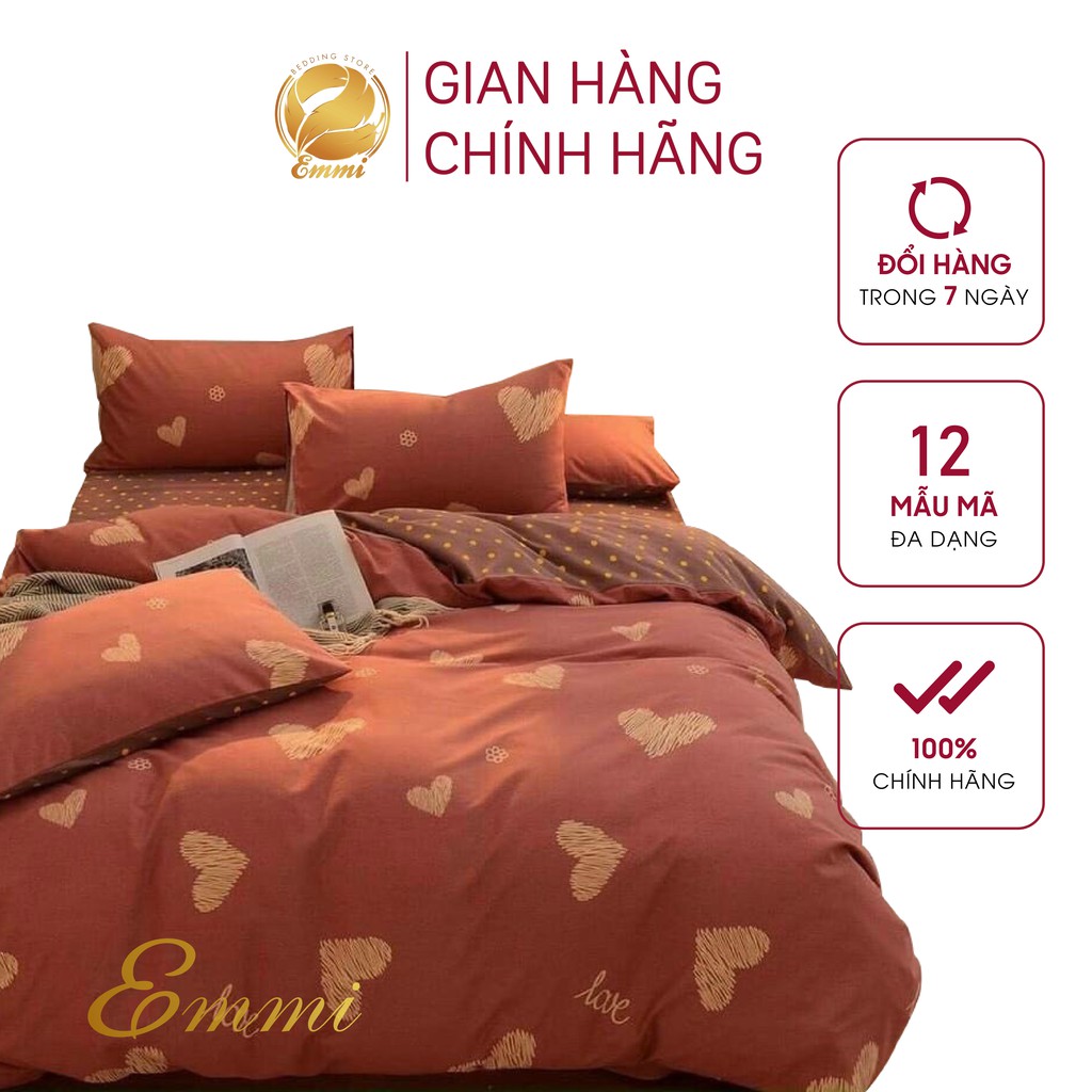 Bộ chăn ga gối , coton poly Emmibedding họa tiết TIM VÀNG XƯỚC miễn phí bo chun