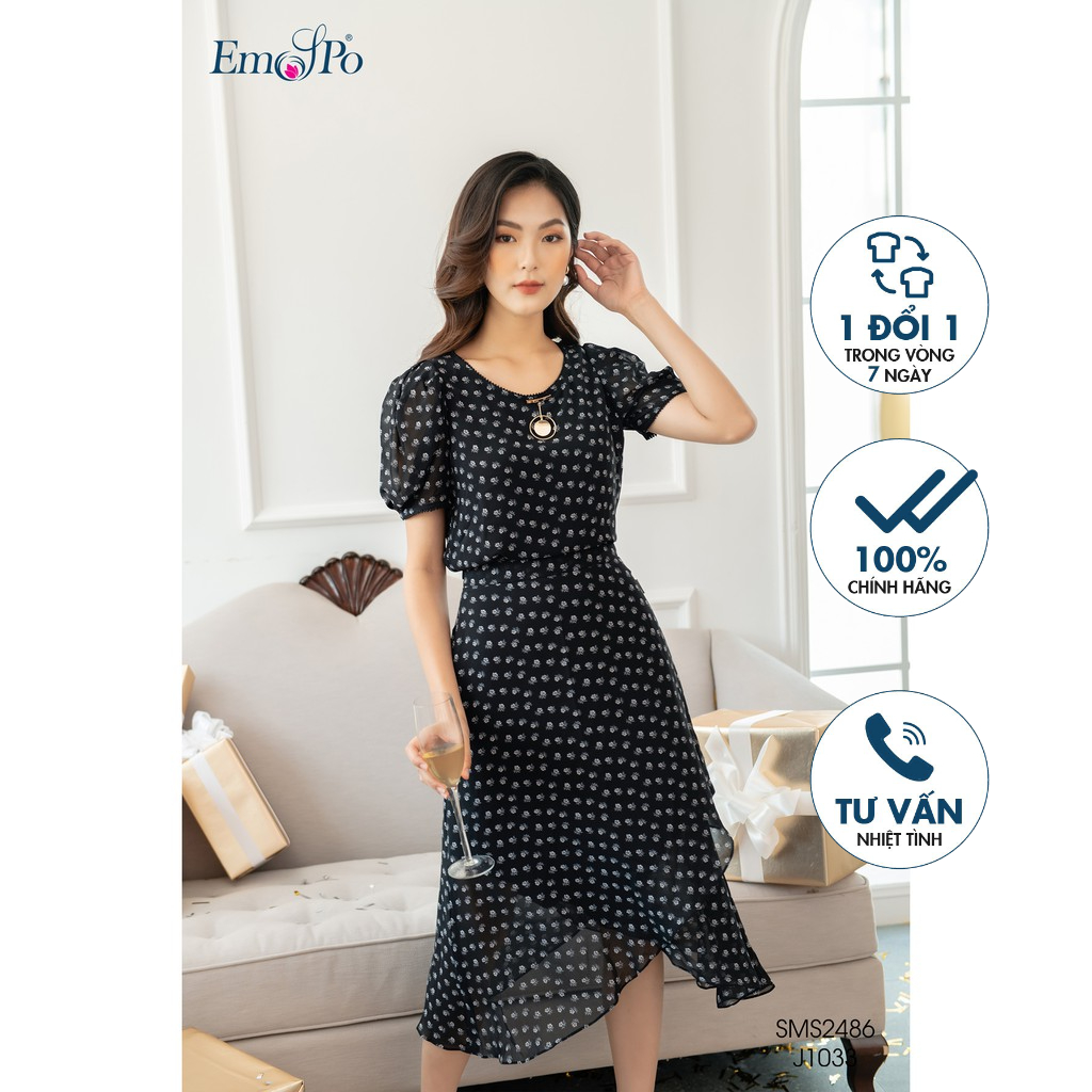 Áo sơ mi hoa nhí cổ tròn, tay phồng Emspo SMS2486 (Đen, Vàng)