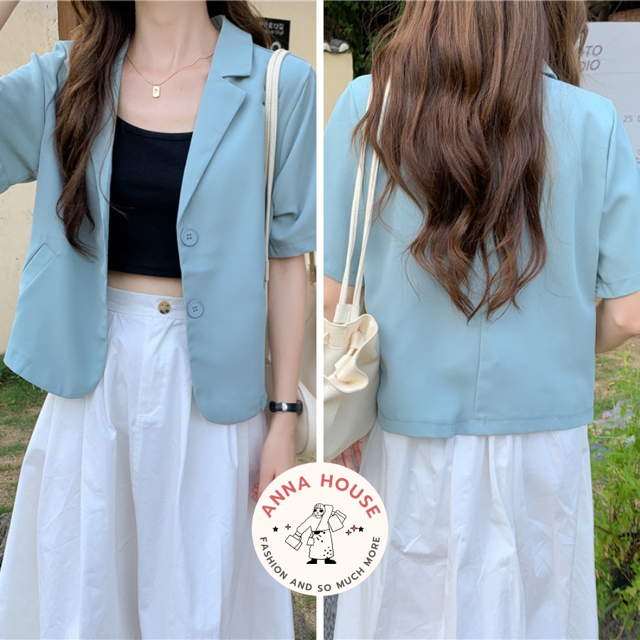 Áo Blazer nữ tay ngắn cổ vest dáng croptop, áo Blazer croptop dáng ngắn form rộng 1 lớp cộc tay trơn nhiều màu