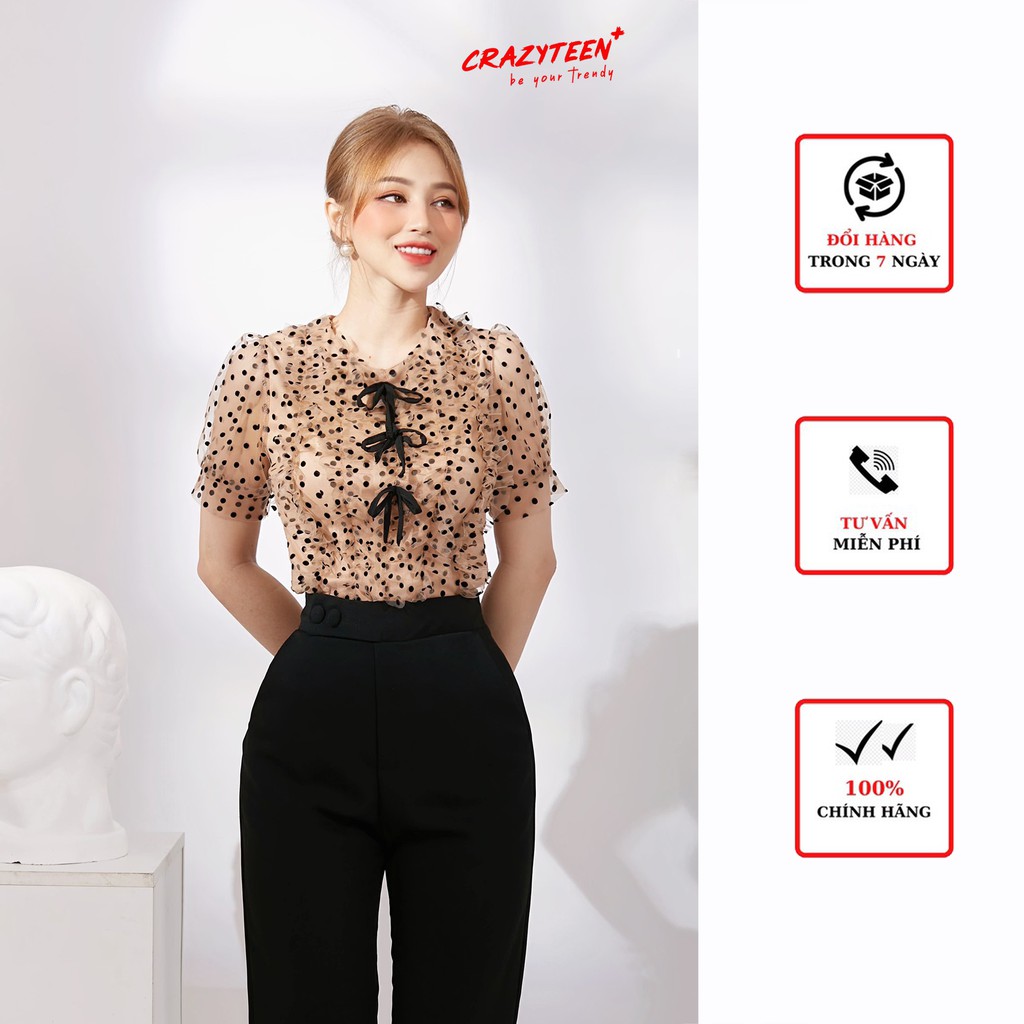 Áo  kiểu lưới nữ CRAZYTEEN họa tiết chấm bi phối nơ  AC0191