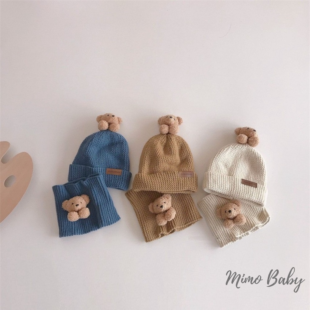 Set mũ kèm khăn len ống đính gấu bông cho bé 1-5y Mimo baby ML40