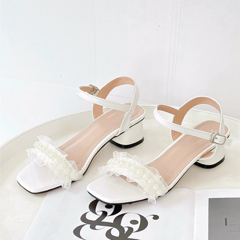 [Kho giày dép nữ] GIÀY SANDAL NỮ GÓT VUÔNG 4 PHÂN QUAI NGANG REN NGỌC CỰC ĐẸP