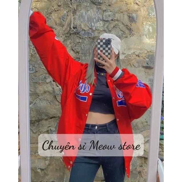Áo khoác bomber bóng chày dù 2 lớp in chữ form rộng nam nữ