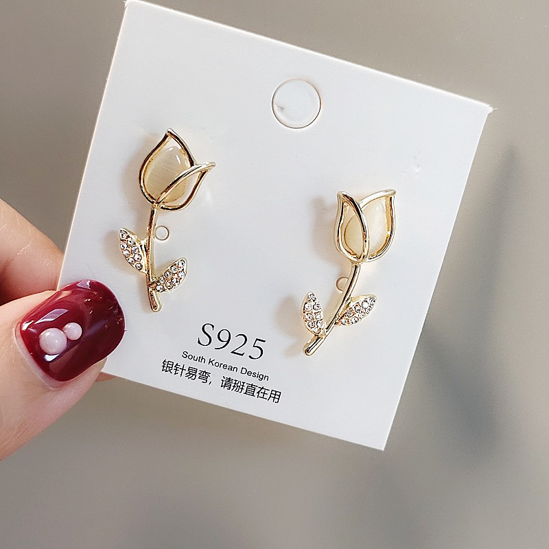 Khuyên tai mạ bạc kiểu hoa hồng đính đá thời trang sang trọng dành cho nữ