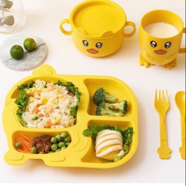 Set khay, cốc, bát ăn dặm lúa mạch hình vịt vàng đáng yêu cho bé