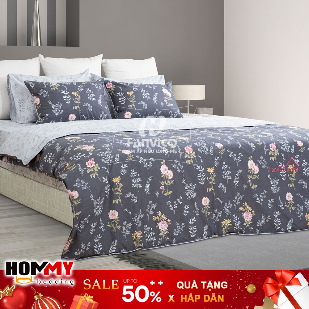 🍁 Bộ Chăn Ga Gối 🍁 Hanvico Living LV20 vải cotton cao cấp (ga chun, vỏ chăn, đôi vỏ gối)