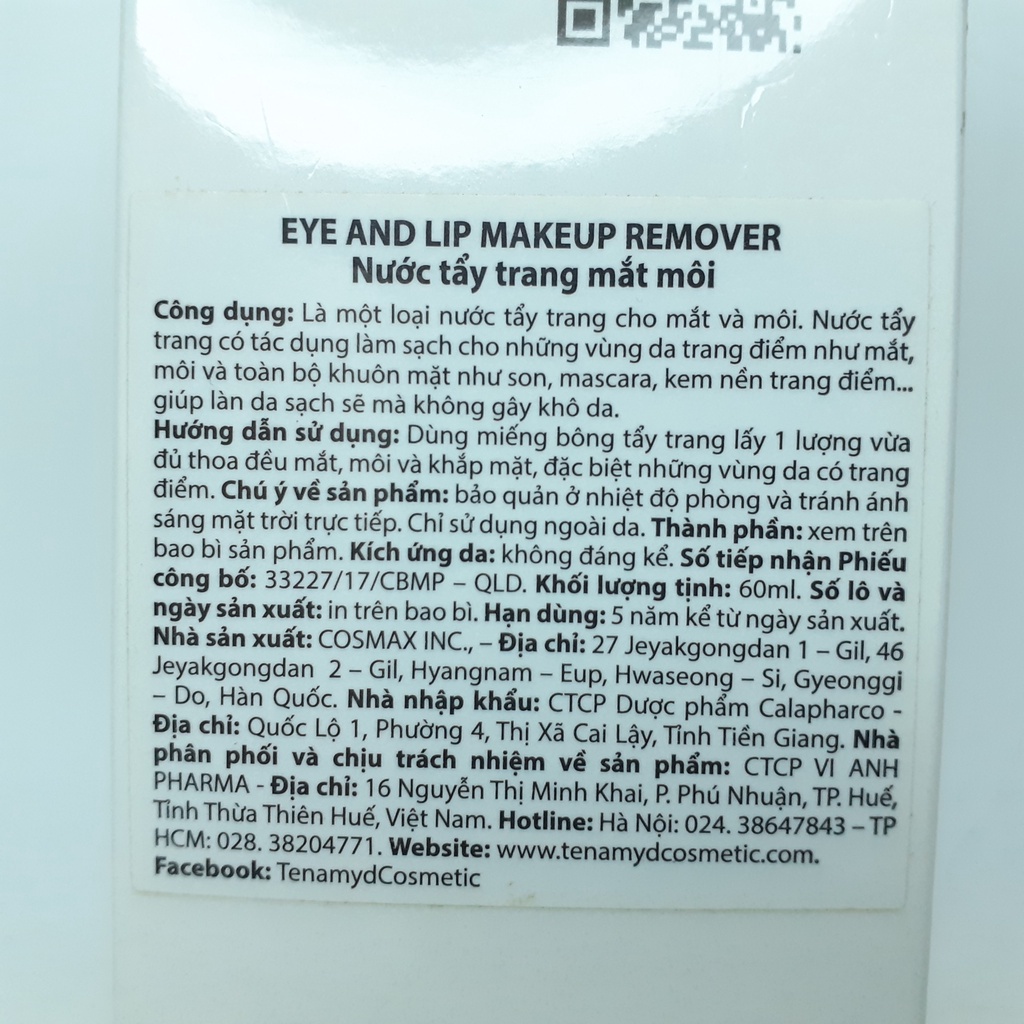 Nước tẩy trang mắt và môi Tenamyd Fresh White Sand Eye And Lip Makeup Remover