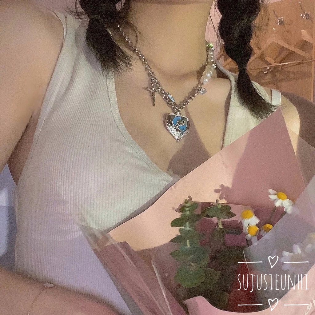 (2 mẫu) vòng cổ ngọc phối xích đính chữ thập, trái tim xanh lục bản to