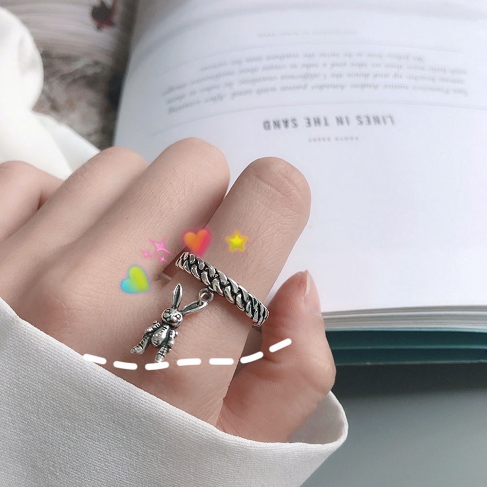 1 Nhẫn Hở Mạ Bạc Họa Tiết Thỏ Hoạt Hình Phong Cách Cổ Điển Cá Tính Dành Cho Nữ