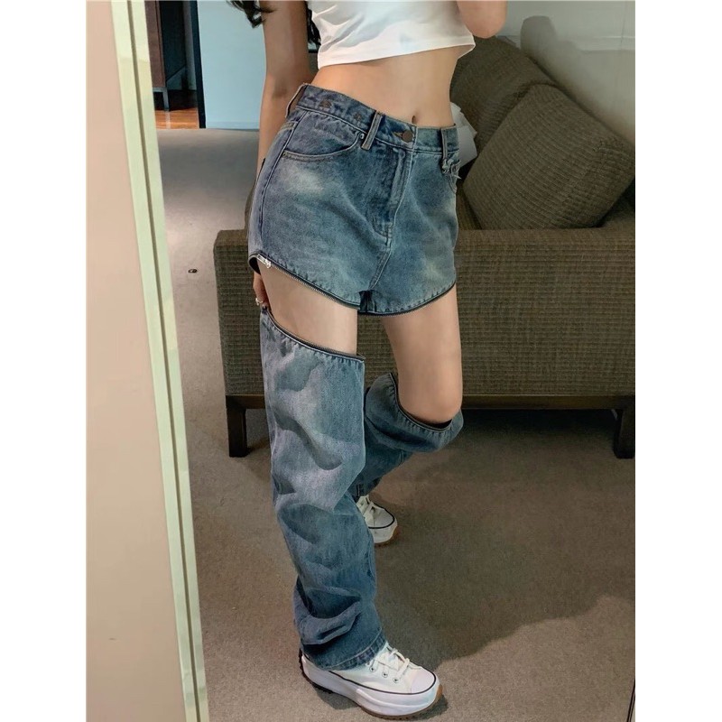 ULZZANG  Quần jeans ROSE BLACKPINK ulzzang ống rộng kéo khoá phong cách FASHIONITA cá tính 2021