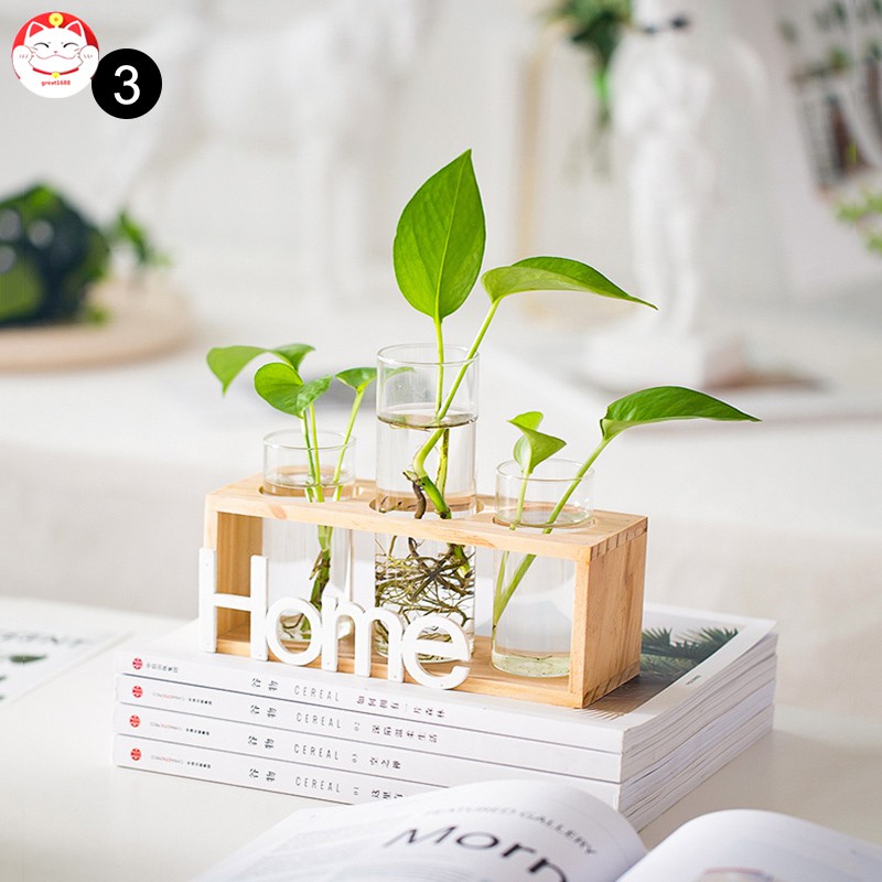 ✂GT⁂ Wooden Stand Hanging Glass Pot Flower Plant Pot Hydroponic Container Home Decoration Accessories