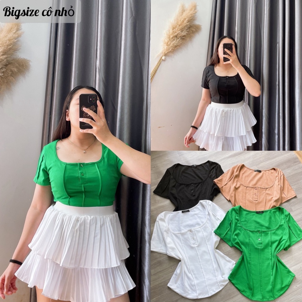 Áo Thun Nữ Bigsize, Tay Ngắn Nút Croptop Hack Dáng Che Bụng Lên Phom Cực Xinh  TNN