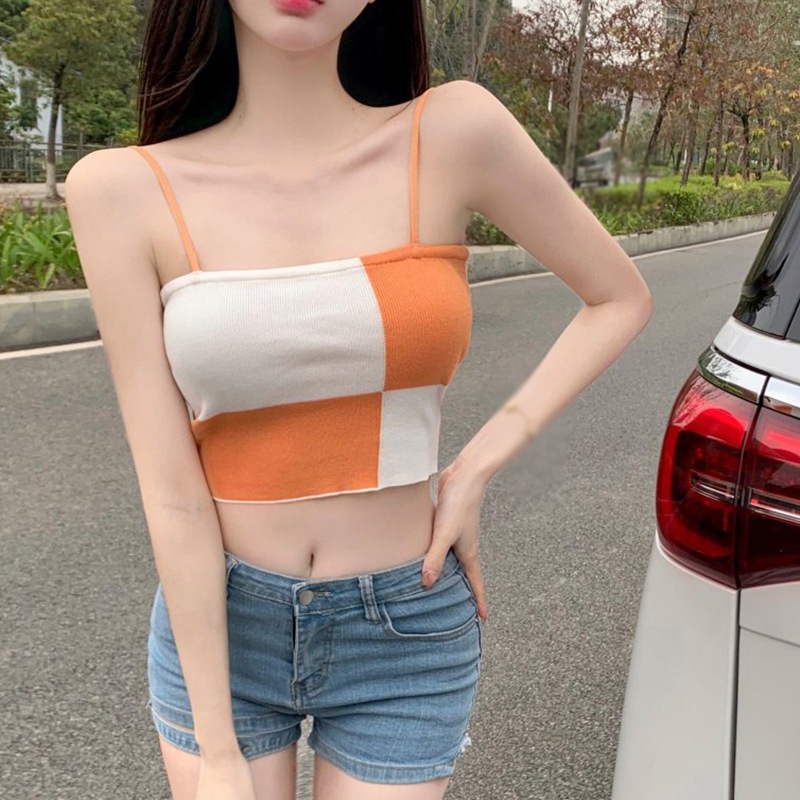 Áo Croptop Hai Dây Màu Sắc Tương Phản Phong Cách Hàn Quốc Thời Trang