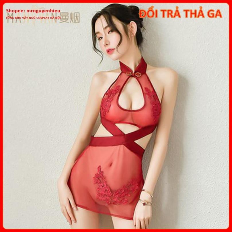 Bộ Đồ Ngủ Cosplay Sexy Cô Gái Thượng Hải, Sườn Xám Voan Thêu Xuyên Thấu Siêu Gợi Cảm - sxv002